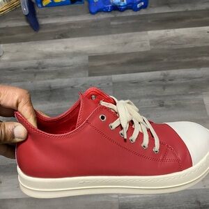 Rick Owens Red Sneakers with White Toe Cap